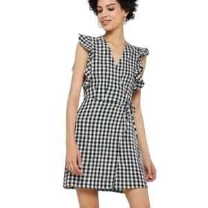 Topshop Black White Gingham Check Wrap Ruffle Dress Mini 8 M Summer